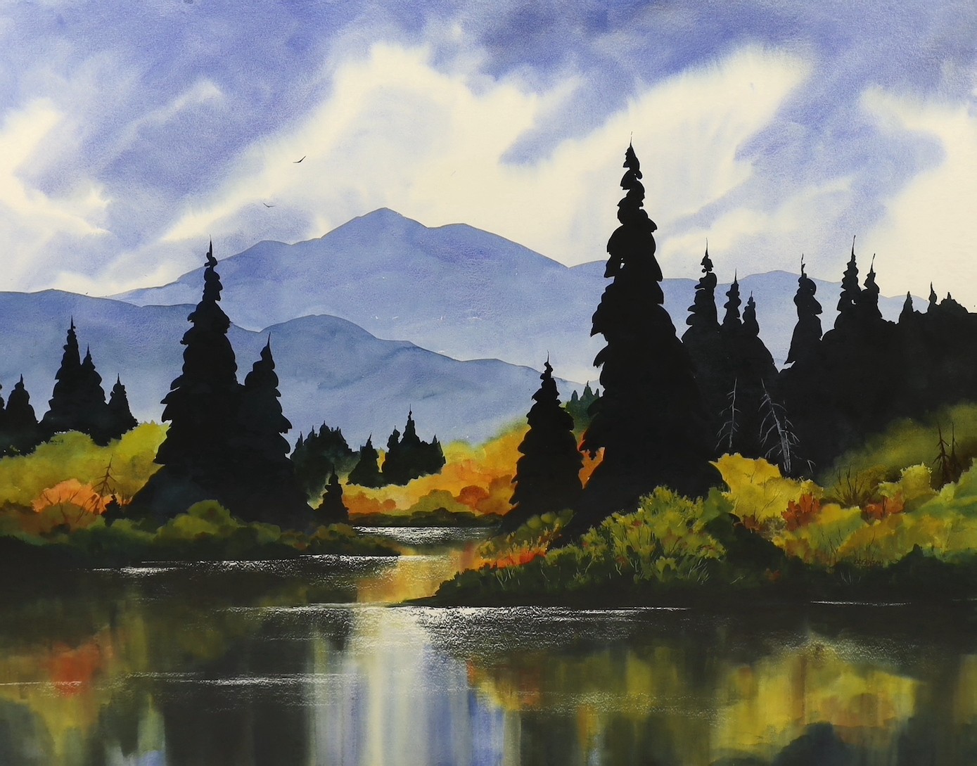 K.C. Benson (Contemporary American), Colorado river landscape with fir trees, watercolour, 94 x 122cm